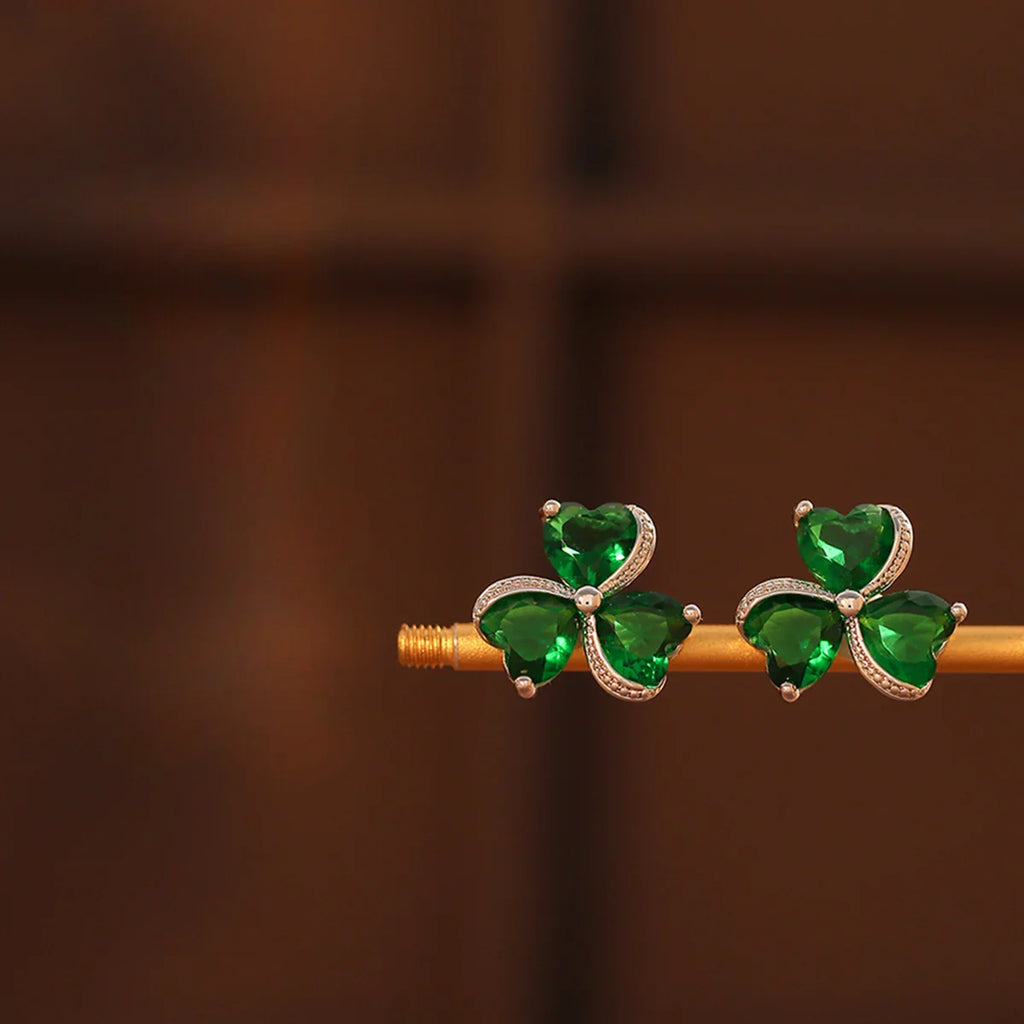 Emerald Green and Zircon 3-Leaf Clover Stud Earrings in Silver