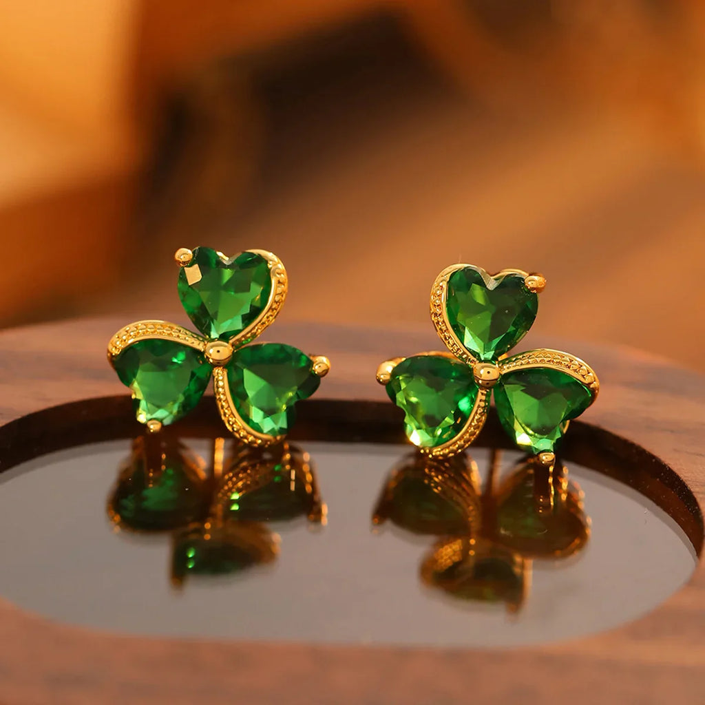 Emerald Green and Zircon 3-Leaf Clover Stud Earrings in Gold
