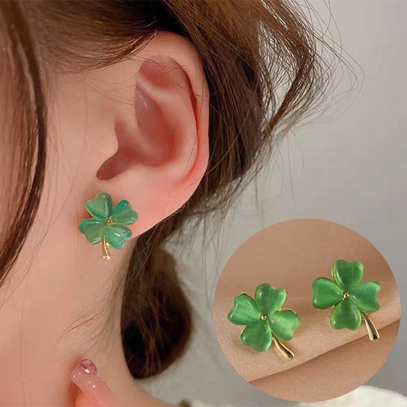 Green Four-Leaf Clover Stud Earrings