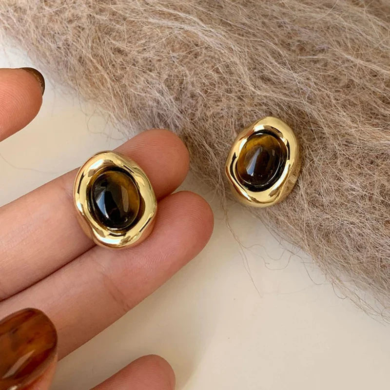 Oval Tiger's Eye Stud Earrings