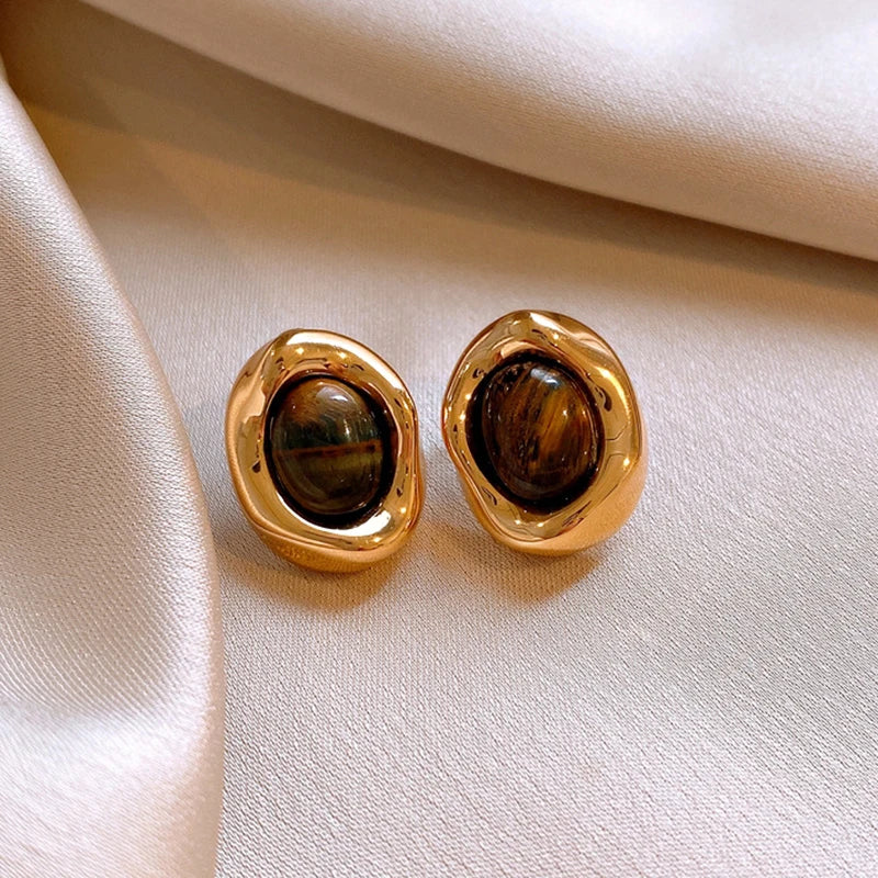 Oval Tiger's Eye Stud Earrings