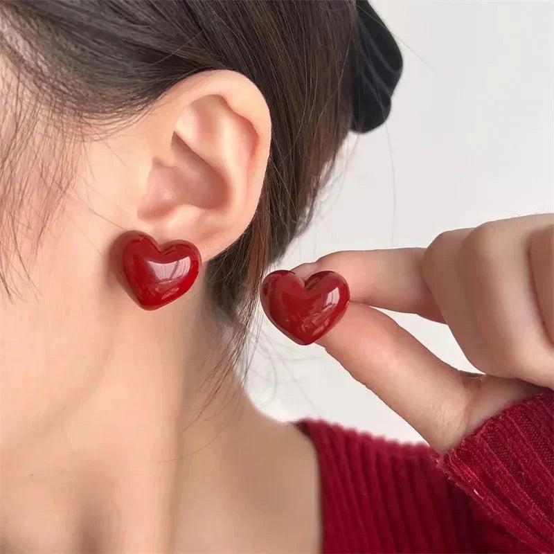 Heart Stud Earrings for Women red