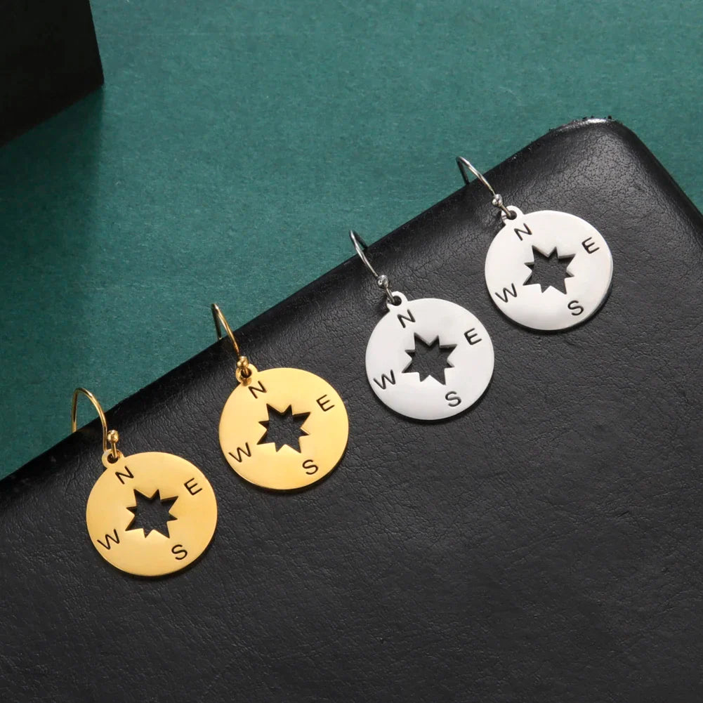 Compass Drop Earrings Compass Rose Wind Rose Women Silver