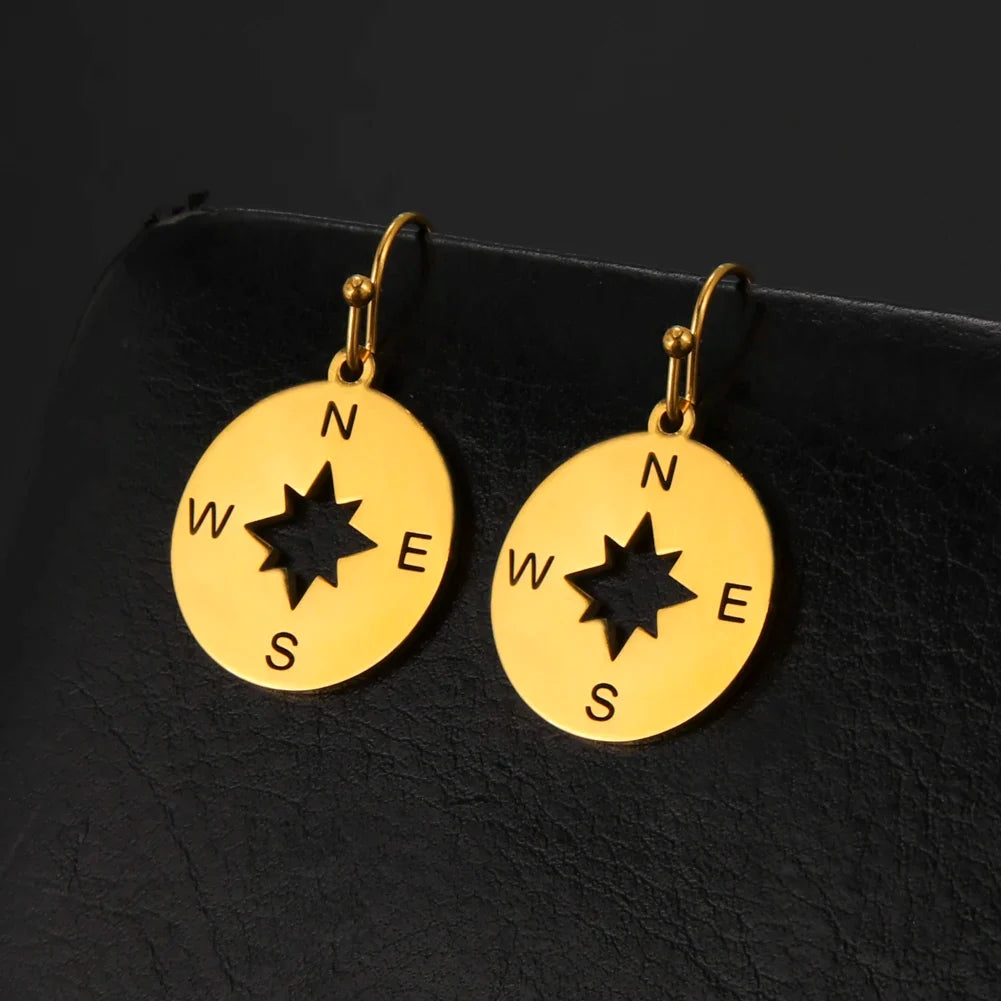 Compass Drop Earrings Compass Rose Wind Rose Women Gold