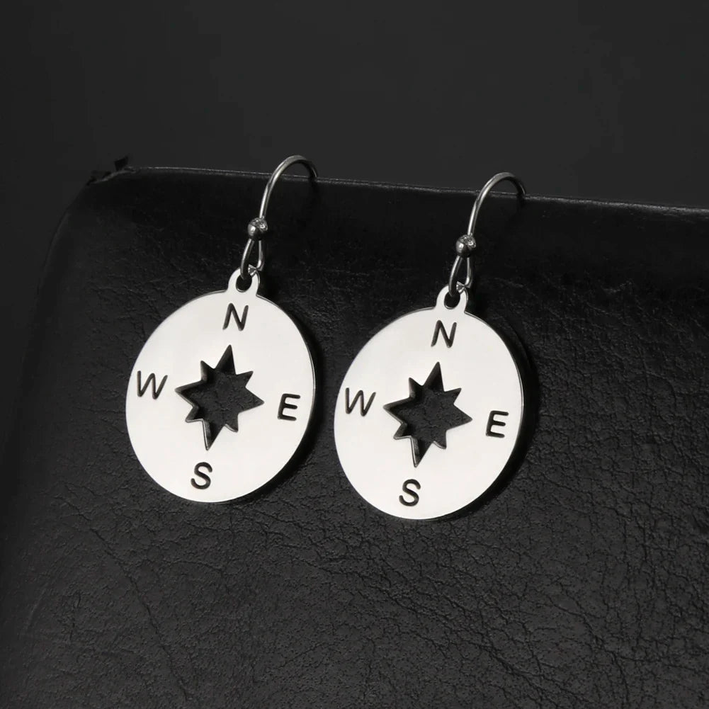 Compass Drop Earrings Compass Rose Wind Rose Women Silver