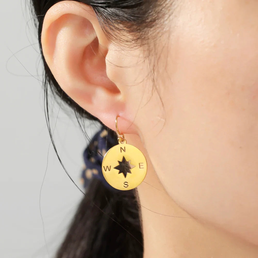 Compass Drop Earrings Compass Rose Wind Rose Women Gold