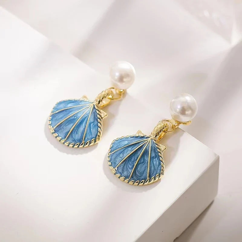 Blue Seashell Scallop Earrings