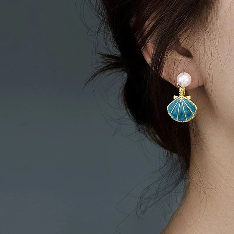 Blue Seashell Scallop Earrings