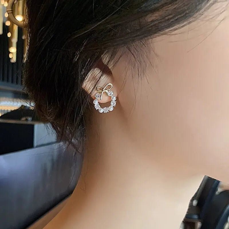 Hoop Earrings with Pearls and Bow Tie