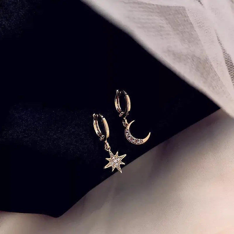 Star and Moon and Zircon Gold Hoop Earrings