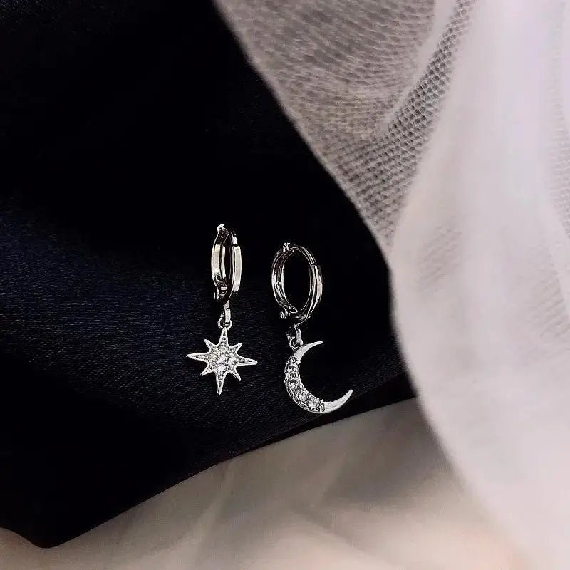 Star and Moon and Zircon Silver Hoop Earrings