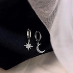 Star and Moon and Zircon Silver Hoop Earrings