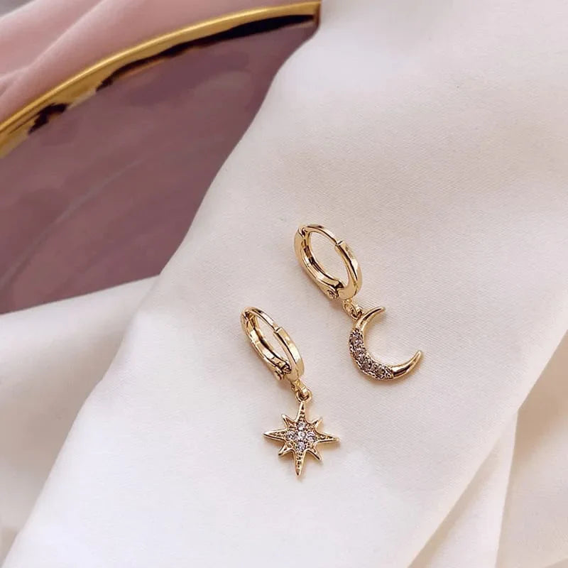 Star and Moon and Zircon Gold Hoop Earrings