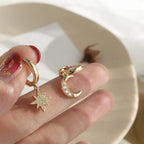 Star and Moon and Zircon Gold Hoop Earrings