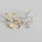 Star and Moon and Zircon Gold Hoop Earrings
