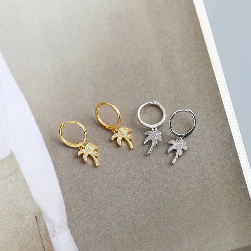 Palm Tree Hoop Earrings with Gold Zircon