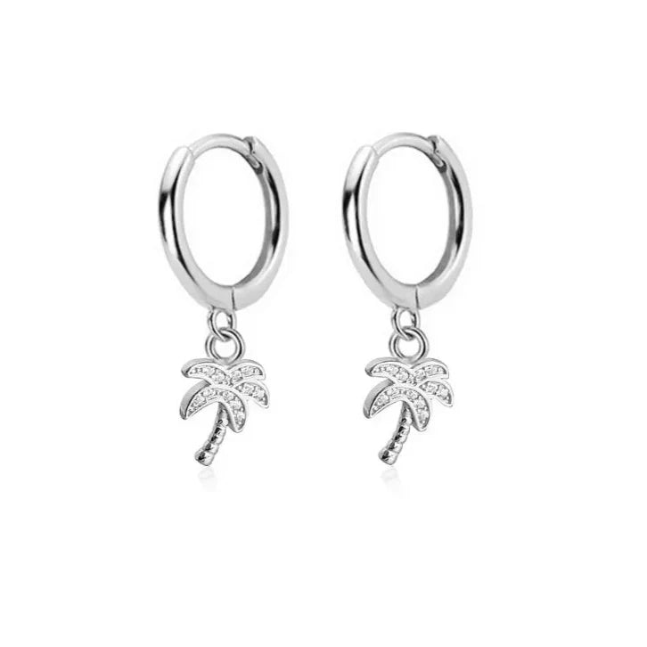 Palm Tree Hoop Earrings with Silver Zircon