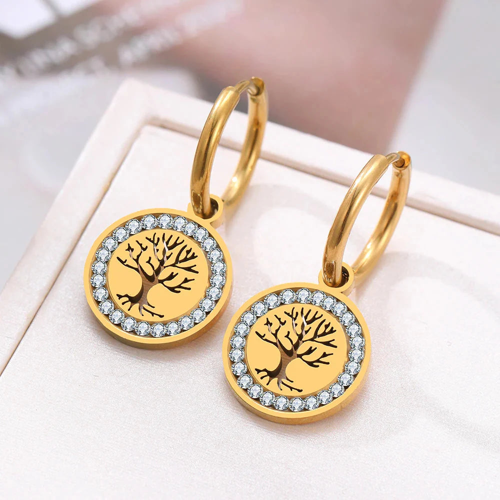 Tree of Life Gold Dangle Hoop Earrings