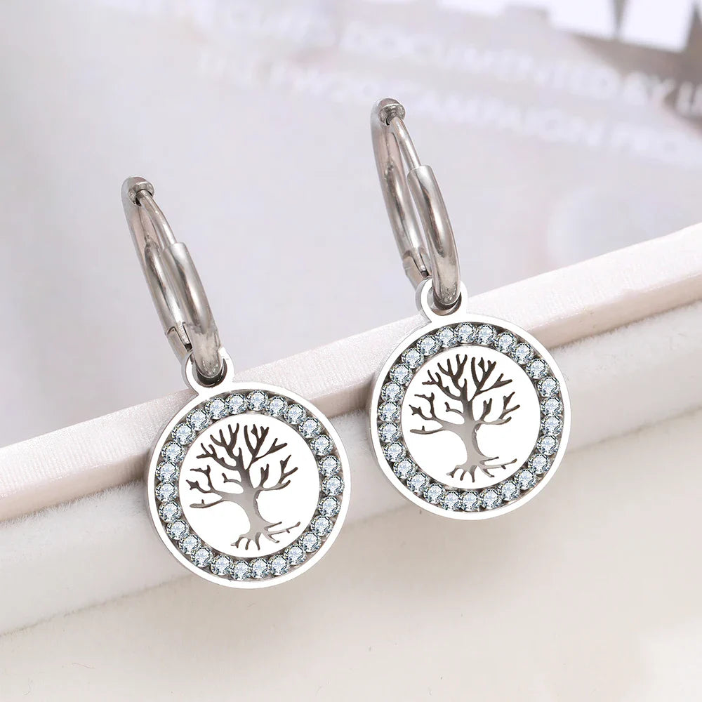 Tree of Life Silver Dangle Hoop Earrings