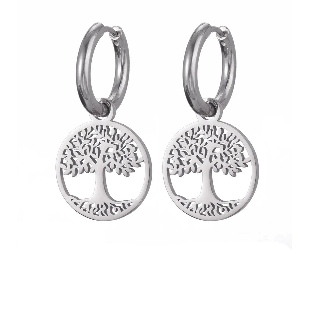 Tree of Life Dangle Hoop Earrings for Women Silver