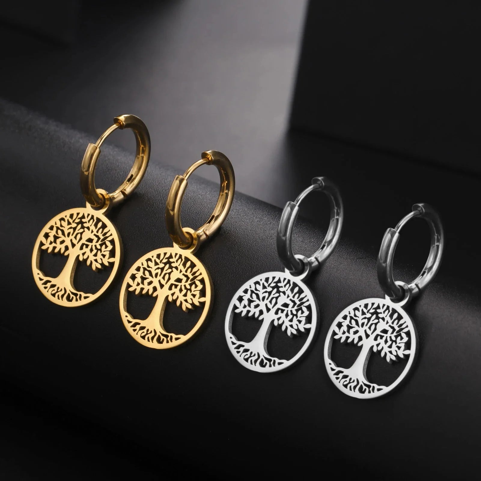 Tree of Life Dangle Hoop Earrings for Women Silver