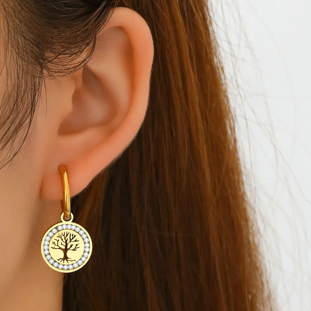 Tree of Life Gold Dangle Hoop Earrings
