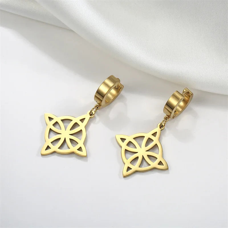 Witch’s Knot Protection Wiccan Women’s Drop Hoop Earrings gold
