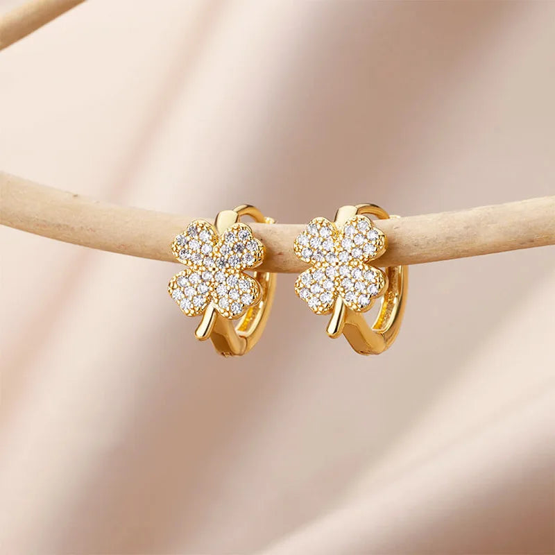 Four-Leaf Clover Zircon Hoop Earrings