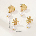 Gold-plated shell, starfish and pearl earrings
