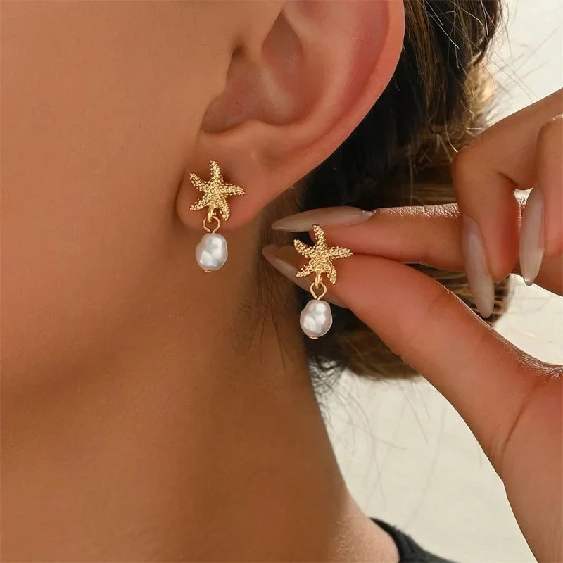 Gold-plated shell, starfish and pearl earrings