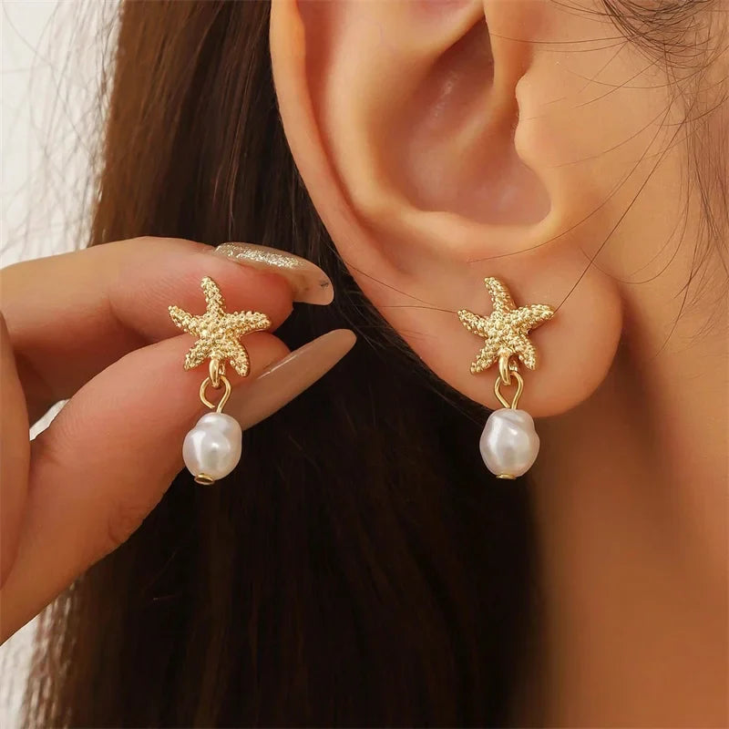 Gold-plated shell, starfish and pearl earrings