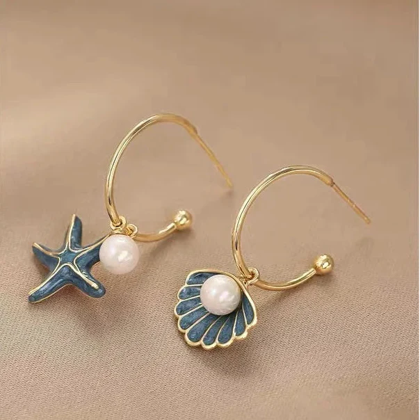 Shell and blue pearl enamel earrings