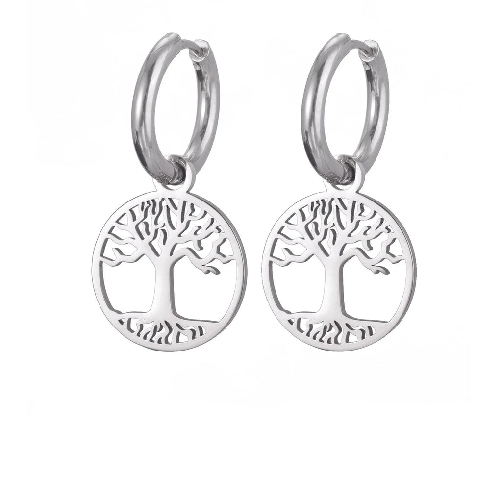 Women's Earrings Silver Tree of Life Hoop Dangles
