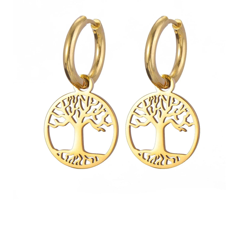 Women's Earrings Gold Tree of Life Hoop Dangles