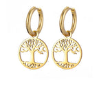 Women's Earrings Gold Tree of Life Hoop Dangles