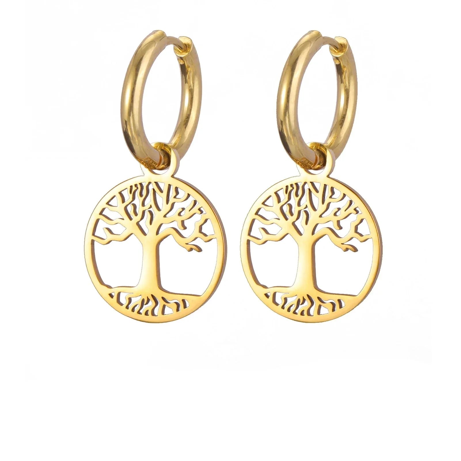 Women's Earrings Gold Tree of Life Hoop Dangles