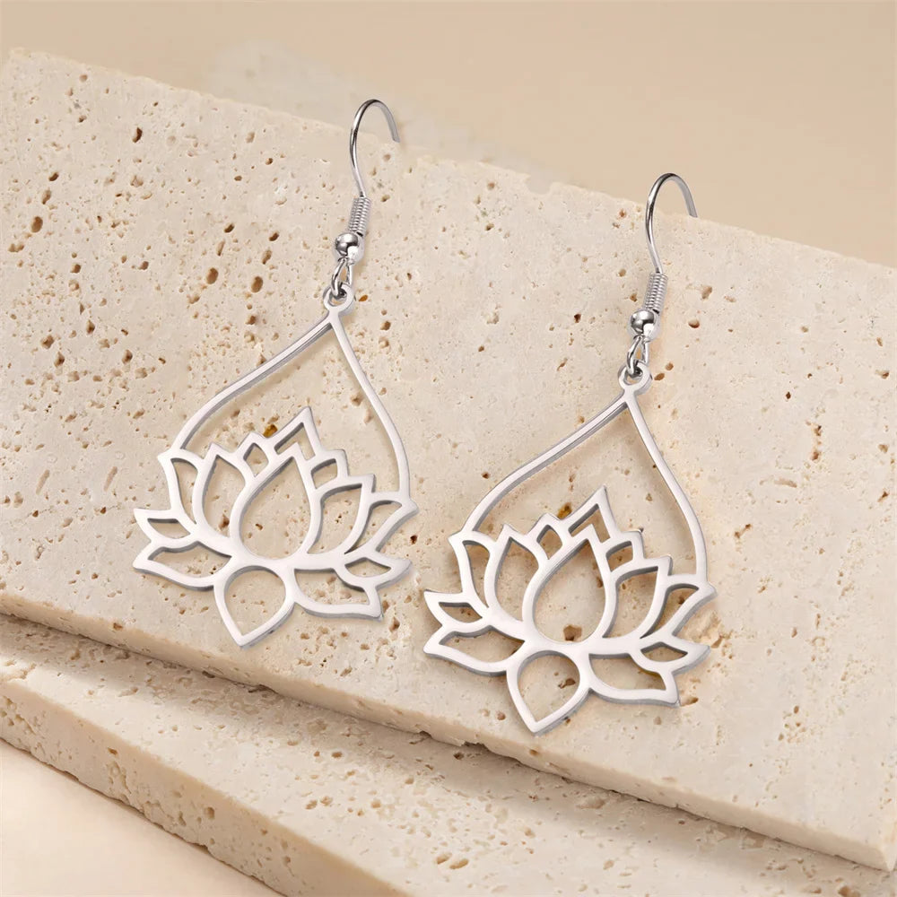 Women's Dangling Lotus Flower Earrings silver