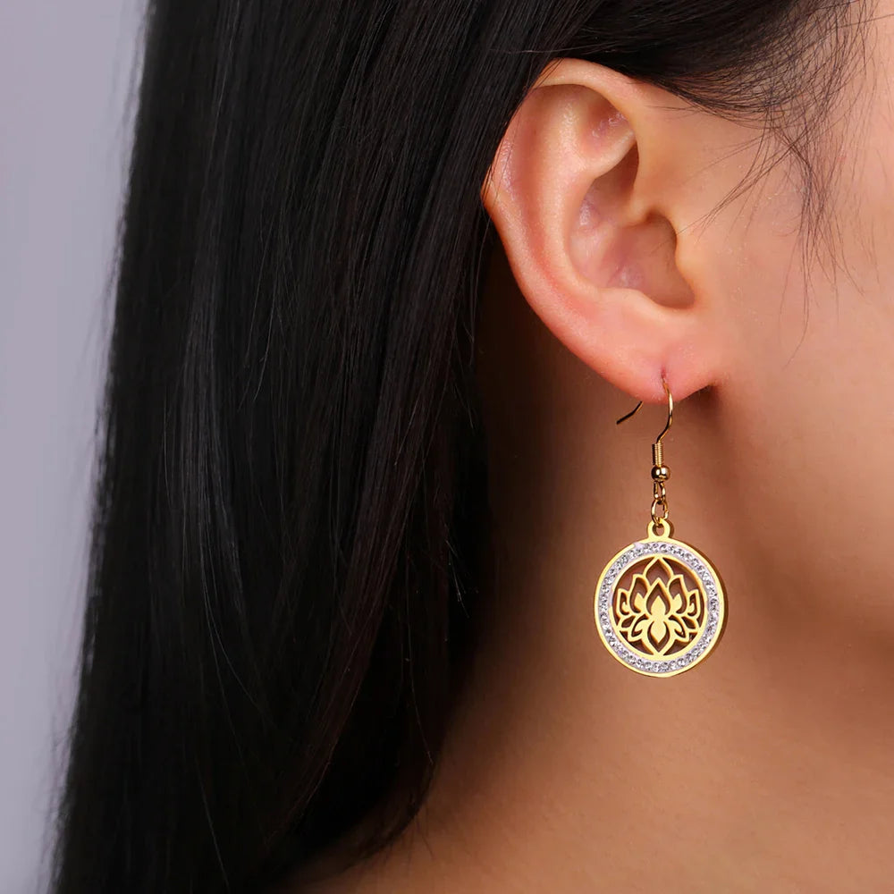 Women's Drop Earrings Lotus Flower Dawapara Gold