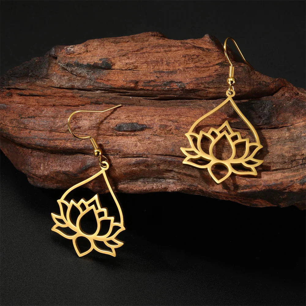 Women's Dangling Lotus Flower Earrings gold