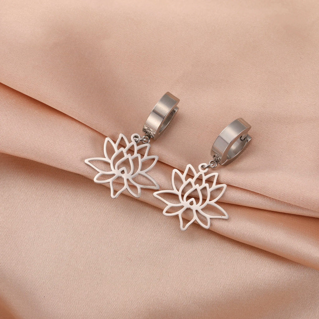 Women's Lotus Flower Zen Dangle Earrings in Silver