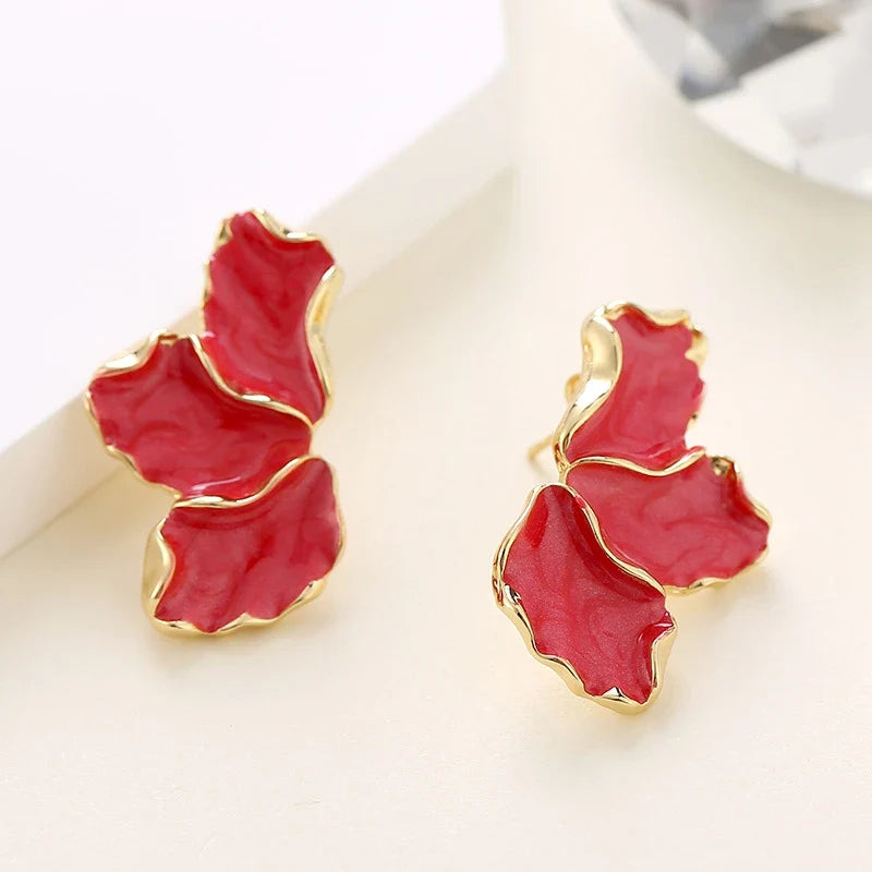 Half-Flower Stud Earrings Petals Red