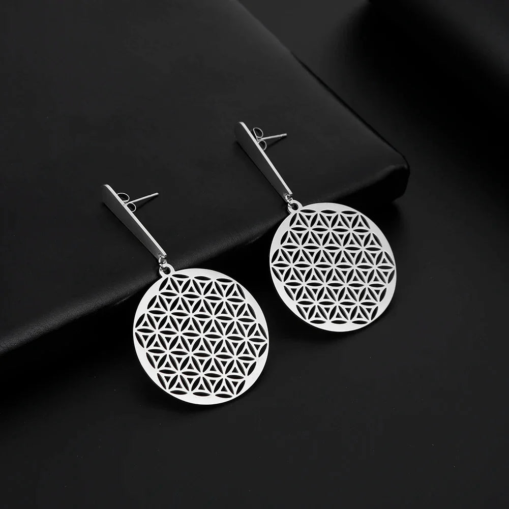 Women's Mandala Silver Flower of Life Dangle Earrings