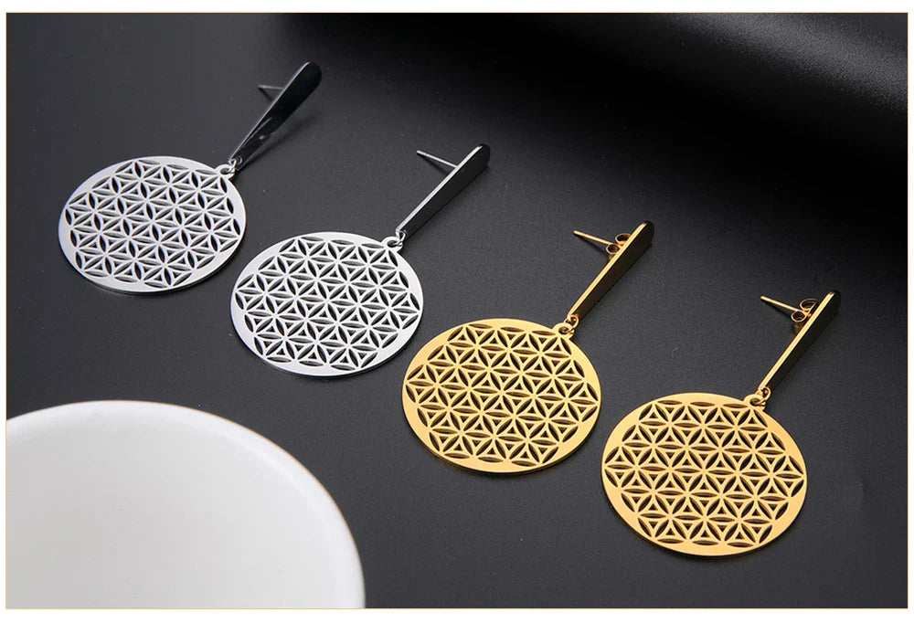 Women's Mandala Silver Flower of Life Dangle Earrings