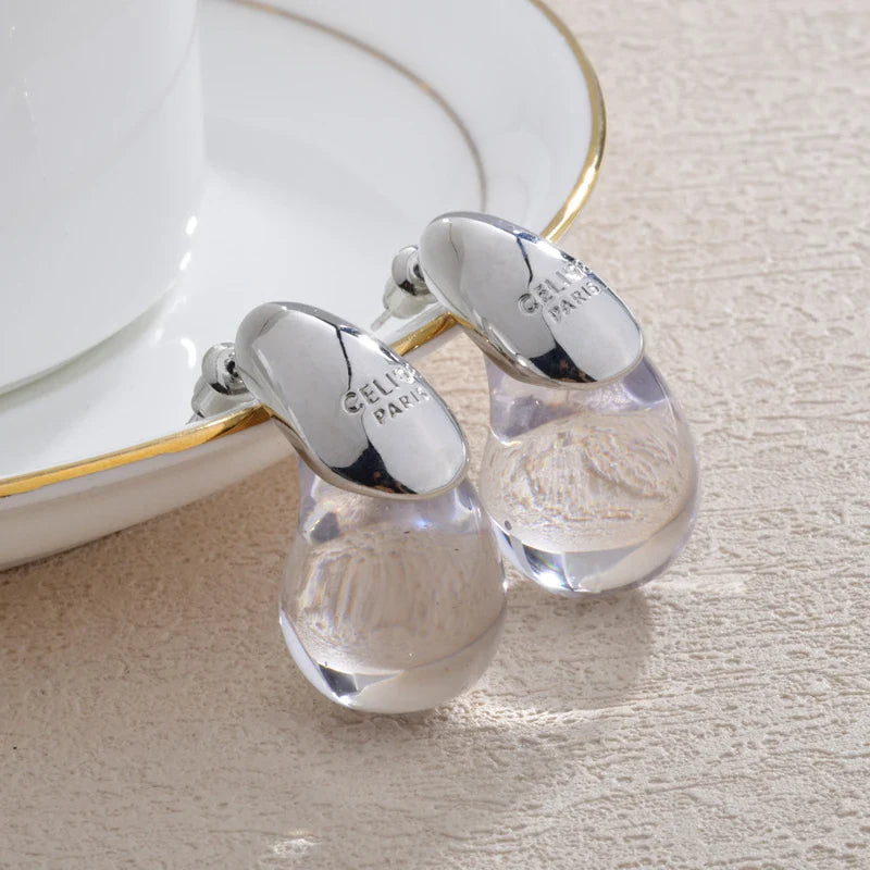 Transparent Water Drop Stud Earrings Silver