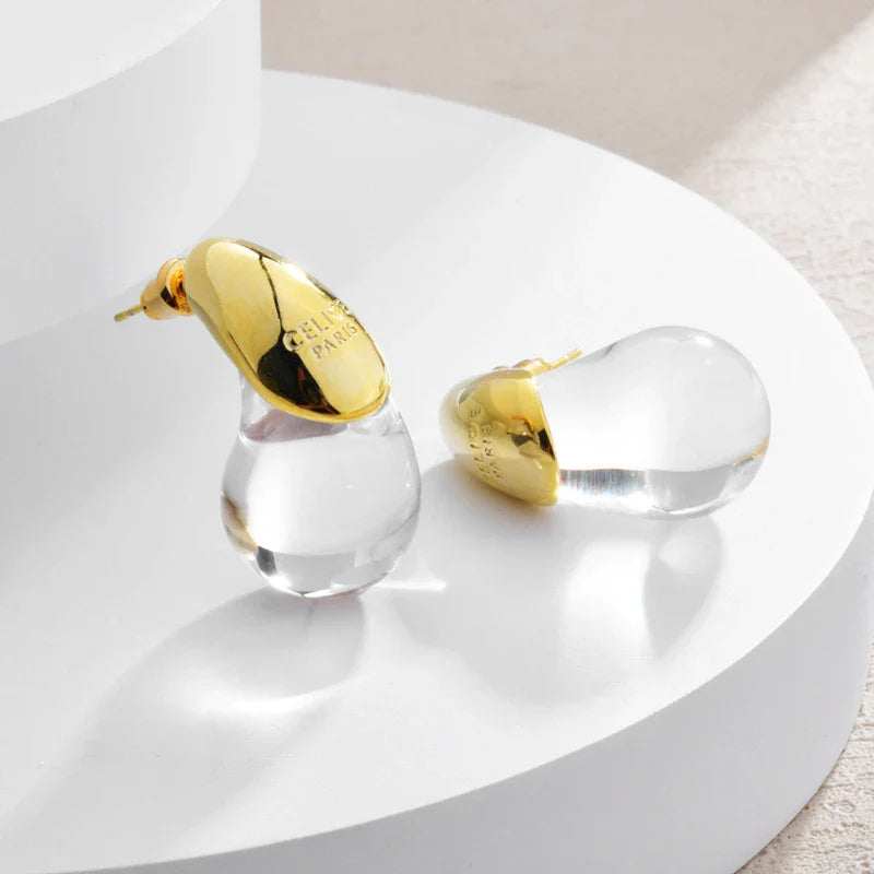 Transparent Water Drop Stud Earrings Gold