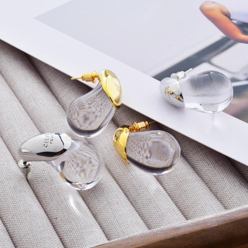 Transparent Water Drop Stud Earrings Gold