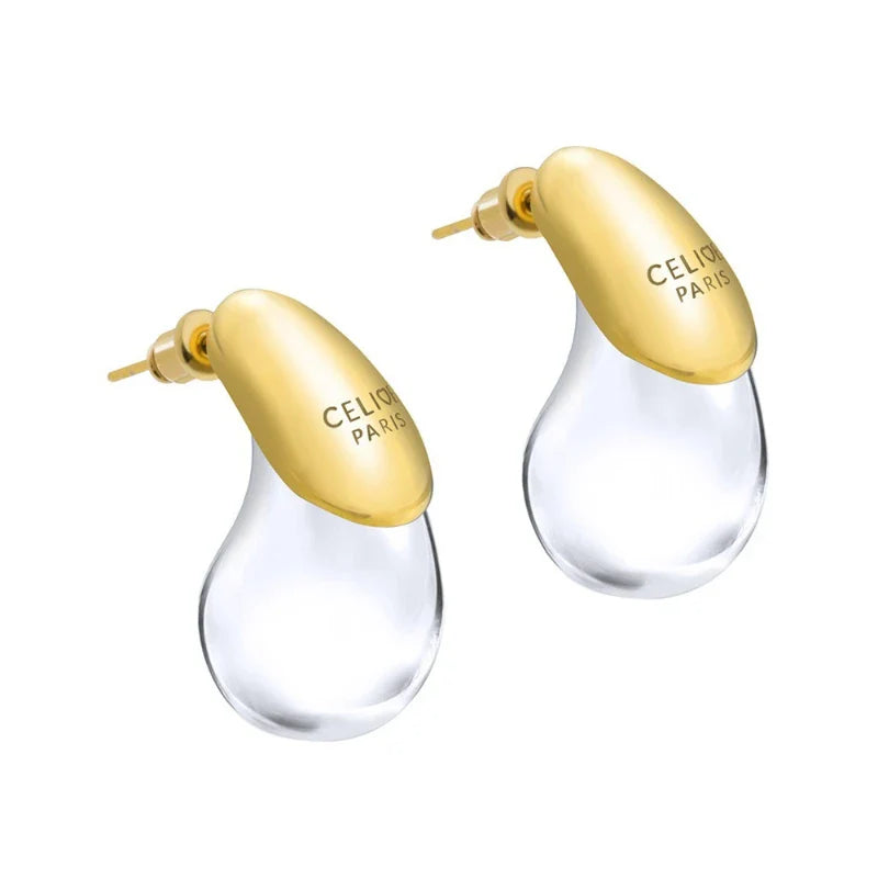 Transparent Water Drop Stud Earrings Gold