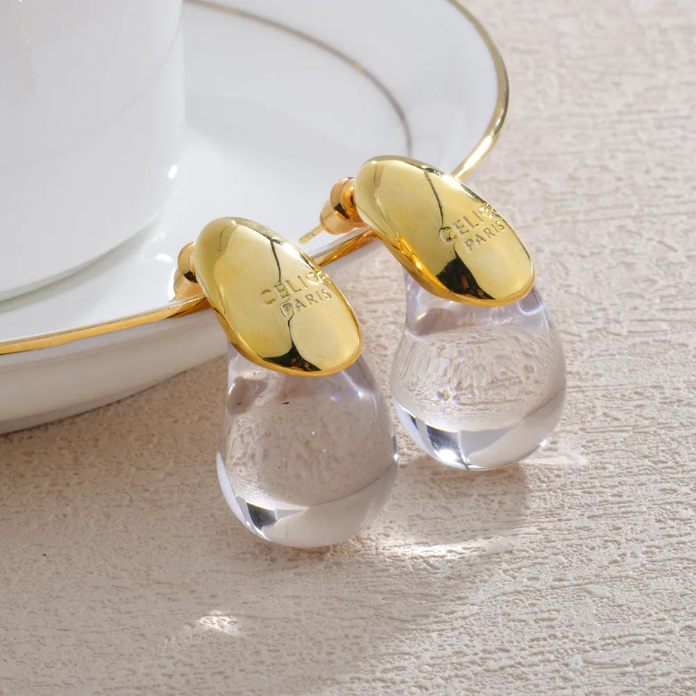 Transparent Water Drop Stud Earrings Gold