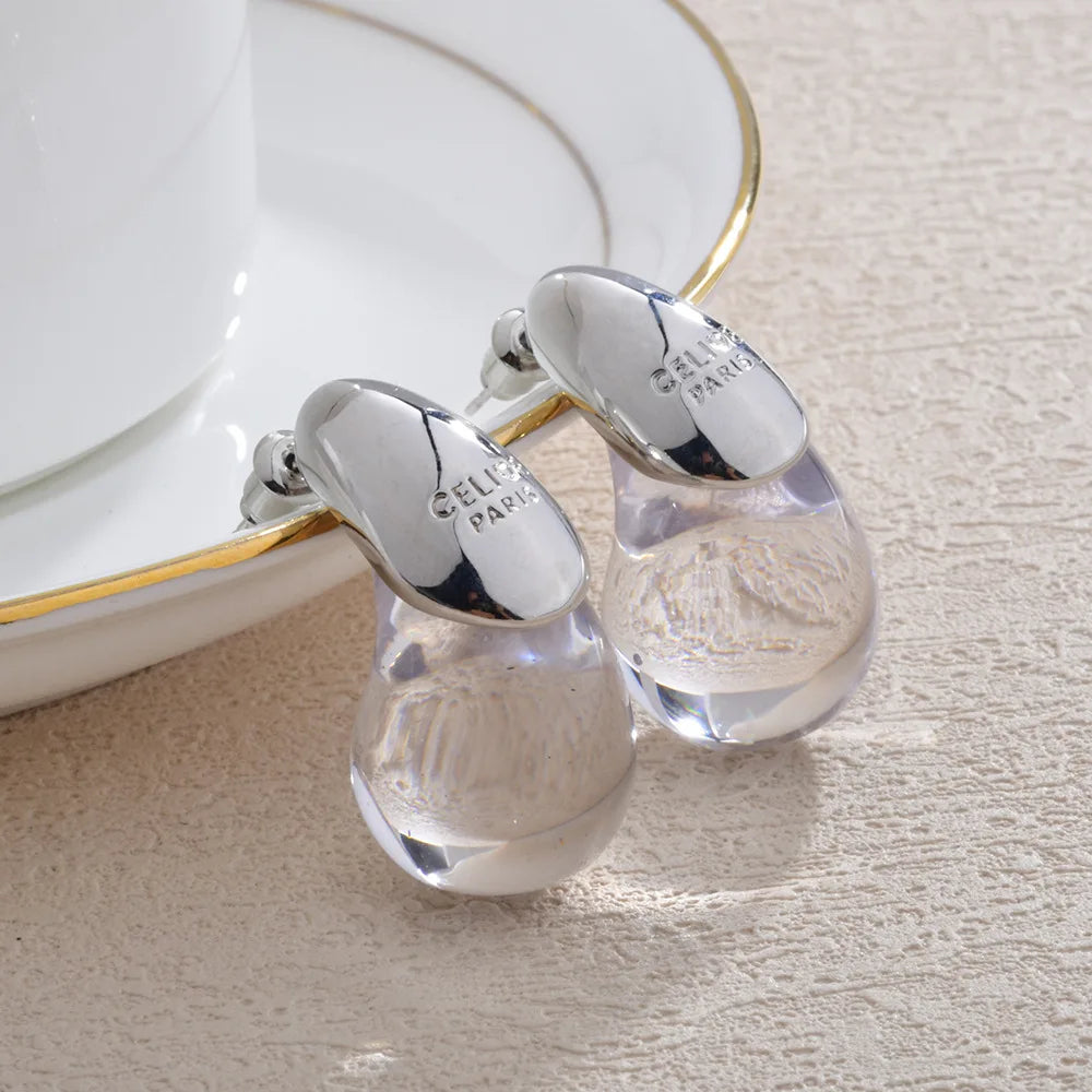 Transparent Water Drop Stud Earrings Silver