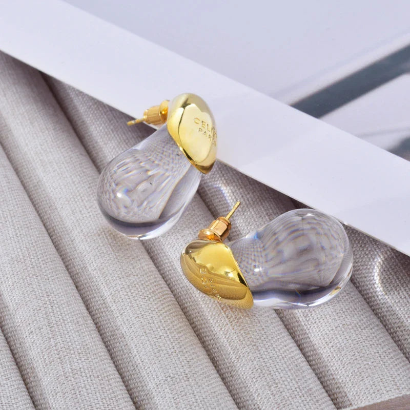 Transparent Water Drop Stud Earrings Gold